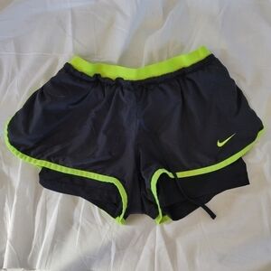 Nike Dri-Fit black lined neon green trim & swoosh running shorts XS